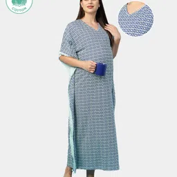 ECOMAMA Half Sleeves Organic Cotton & Bamboo Antimicrobial Kaftan Style Lace Maternity Nighty Printed - Blue-picture-25