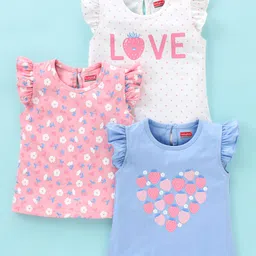Babyhug 100% Cotton Frill Sleeves Tee With Floral & Strawberry Graphics Pack of 3- Blue & Pink-image-33
