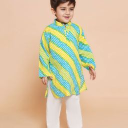 AJ Dezines Full Sleeves Leheriya Designed Kurta With Pyjama - Blue Green & Yellow-picture-27