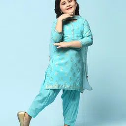 BIBA Full Sleeves Floral Foil Printed Straight Kurta Suit Set - Turquoise Blue-image-2