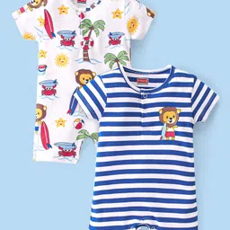 Babyhug 100% Cotton Knit Half Sleeves Rompers With Striped & Lion Print Pack Of 2 - White & Blue-picture-17