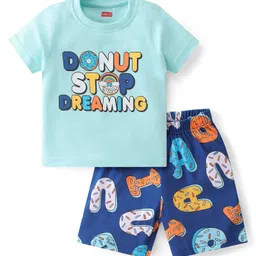 Babyhug Cotton Knit Single Jersey Half Sleeves Night Suit With Text Print - Blue-picture-10