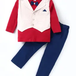 ToffyHouse Interlock Woven Full Sleeves T-Shirt & Trouser With Waistcoat & Bow Applique - Red & Navy Blue-picture-24
