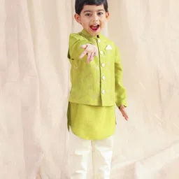 Tiber Taber Brocade Full Sleeves Kurta Pant With Floral Foil Printed Jacket Set - Green-picture-18