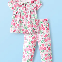 Babyhug Cotton Knit Half Sleeves Co-Ord Night Suit With Floral Print - White-picture-26