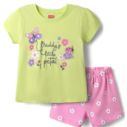 Babyhug Cotton Knit Half Sleeves Shorts Night Suit With Floral Print - Light Green & Pink-picture-15