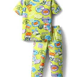 Babyhug Cotton Knit Half Sleeves Co-ords Night Suit With Animal Print - Green-picture-27
