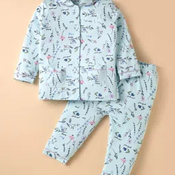 CUCUMBER Sinker Knit Full Sleeves Co-Ord Night Suit with With Floral Print - Light Blue-picture-10