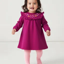 Babyhug Cotton Knit Full Sleeves Frock With Leggings & Floral Embriodery - Purple & Pink-picture-10