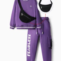 OLLINGTON ST. Cotton Knit Full Sleeves Printed Sweatshirts & Joggers Set With Sling Bag - Purple-picture-21