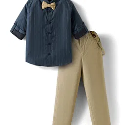 Mark & Mia Woven Full Sleeves Stripes Shirt & Trouser Set With Bow & Suspender - Navy Blue & Beige-picture-37