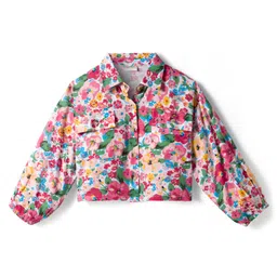 CrayonFlakes Rayon Woven Full Sleeves Floral Printed Shirt Style Crop Top - Off White-picture-32