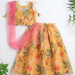 The Magic Wand Woven Sleeveless Floral Printed & Gota Lace Embellished Lehenga Choli With Dupatta Set - Yellow-picture-36