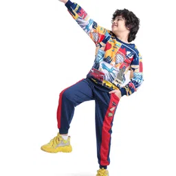 Ollington St. 100% Cotton Knit Full Sleeves Sweatshirt & Joggers Set with Airplane Print - Red & Navy Blue image 2