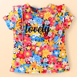 Babyhug Single Jersey Knit Half Sleeves Top & Denim Shorts Set with Floral Print & Frill Detailing - White image 2