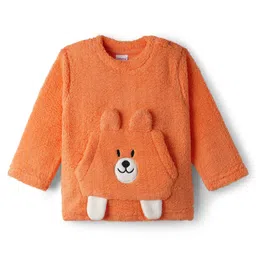 Babyhug Fur Knit Full Sleeves Top & Pant Winter Wear Suit Set with Kangaroo Pocket & Teddy Print Applique - Orange image 5