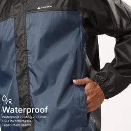 quechua Men Full Zip Rain Jacket with Storage Pouch Black Blue - NH100 image 3