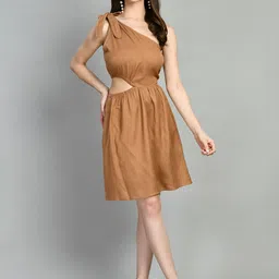 fuchsia PRETTY LOVING THING Women Solid One Shoulder Cut-Outs Knee Length Fit & Flare Dress-picture-18