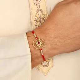 Ornate Jewels 925 Silver 18K Gold Plated Red Ruby Sun Thread Rakhi for Brother with Roli Chawal image 3