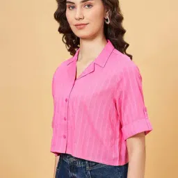 YU by Pantaloons Pink Cotton Striped Cropped Shirt image 3