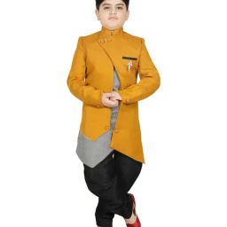 SG Yuvraj Kids Mustard Self Pattern Sherwani Set-picture-29