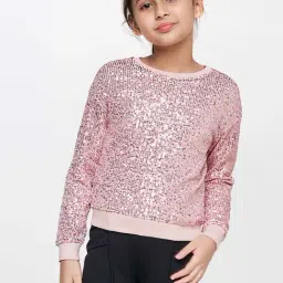 AND girl Kids Pink Cotton Embellished Full Sleeves Sweatshirt-image-2