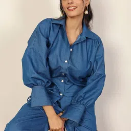 KAORI BY SHREYA AGARWAL Blue Blended Solid Long Sleeves Shirt image 3