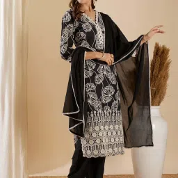 Fashor Black Cotton Embroidered Kurta & Pant Set With Dupatta image 3