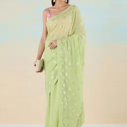 navyasa by liva Green Embroidered Saree With Unstitched Blouse image 3