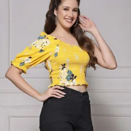 KASSUALLY Yellow Printed Crop Top image 3