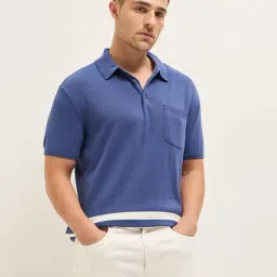 The Bear House Blue Cotton Regular Fit Self Design T-Shirt-picture-24