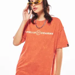 Bewakoof Orange Cotton Oversized Fit Graphic Print T-Shirt-picture-12