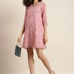 Qurvii Pink Floral Print Mini A-Line Dress image 4