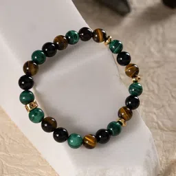 Stone Story By Shruti Unisex 925 Silver Gold-Plated Malachite Tiger's Eye Beaded Bracelet-picture-49
