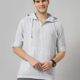 celio celio* Grey Regular Fit Striped Cotton Hooded Shirt-picture-26