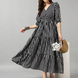 Raiyani Fashion Striped V-Neck Puff Sleeves Fit & Flare Midi Dress-image-47