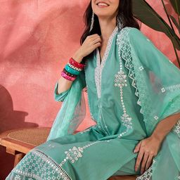 Sangria Women Embroidered Straight Kurta With Trouser & Dupatta-picture-33