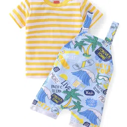 Babyhug 100% Cotton Knit Single Jersey Dungaree & Half Sleeves T-Shirt Set With Striped & Beach Theme Print - Blue & Yellow-picture-29