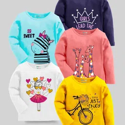 KUCHIPOO Pack Of 5 Full Sleeves Girl & Giraffe Printed Tees - Multi Colour-picture-19