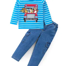 Babyhug Cotton Knit Full Sleeves Striped T-Shirt & Denim Pants Set With Animals Print - Sky Blue-image-24