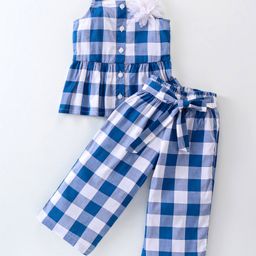 CrayonFlakes Rayon Sleeveless Floral Applique Detail Checked Coordinating Top With Palazzo Set - Blue-picture-49
