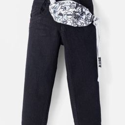 Little Kangaroos Denim Woven Full Length Solid Colored Jeans With Waist Bag - Black-picture-13