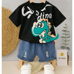 Googo Gaaga Cotton Half Sleeves Dinosaur Printed Tee With Denim Distressed Shorts Set - Black-picture-21
