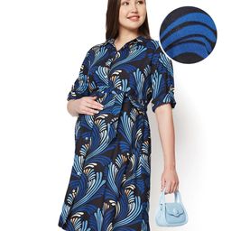 Bella Mama Women WovenThree Fourth Sleeves Shirt Maternity DressWith Floral Print - Blue-picture-24