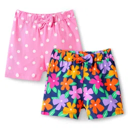 Babyhug Single Jersey Knit Mid Thigh Shorts With Polka Dot & Floral Print & Bow Applique Pack of 2 - Pink & Navy Blue-picture-16