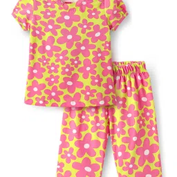 Babyhug Cotton Knit Half Sleeves Capri Nightsuit with Floral Print - Green & Pink-picture-37