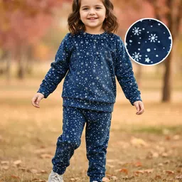Babyhug Velour Woven Full Sleeves Winter Wear T-Shirt & Lounge Pant Co-Ord Set With Snowflake Print - Navy Blue-picture-19