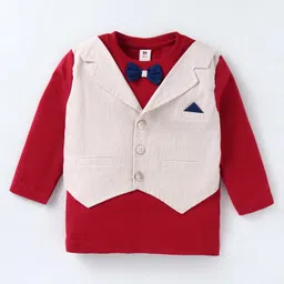 ToffyHouse Interlock Woven Full Sleeves T-Shirt & Trouser With Waistcoat & Bow Applique - Red & Navy Blue image 2