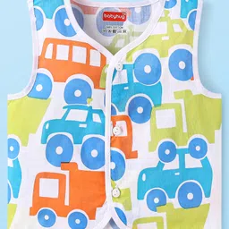 Babyhug 100% Cambric WovenSleeveless Front Open Jhabla with Vehicle& Stripe PrintPack of 3 - Green & Blue image 2
