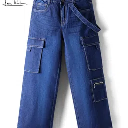 arias by lara dutta Arias Cotton Elastane Woven Full Length Solid Color Denim Jeans With Cargo Pockets - Blue image 2
